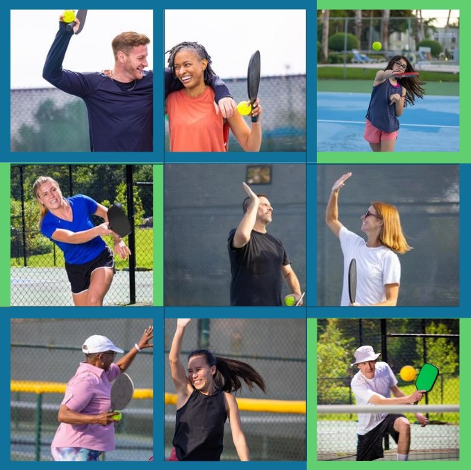 A collage of diverse players some celebrating small victories others in deep concentration practicing