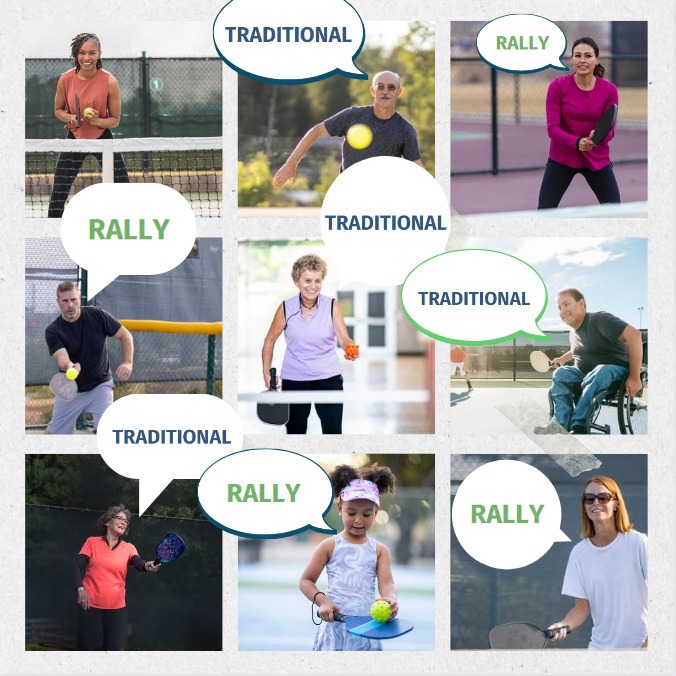 A collage of various pickleball players each with a thought bubble showing Rally or Traditional