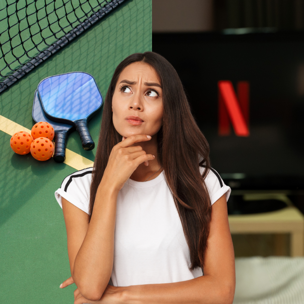 A fun illustration of a person pondering with a pickleball paddle in one hand and a remote control in the other