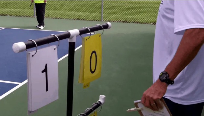 A humorous illustration of two pickleball players debating the score with puzzled expressions 1