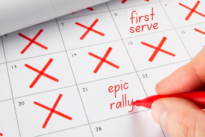 A player marking milestones on a pickleball journey map with badges like First Serve and Epic Rally